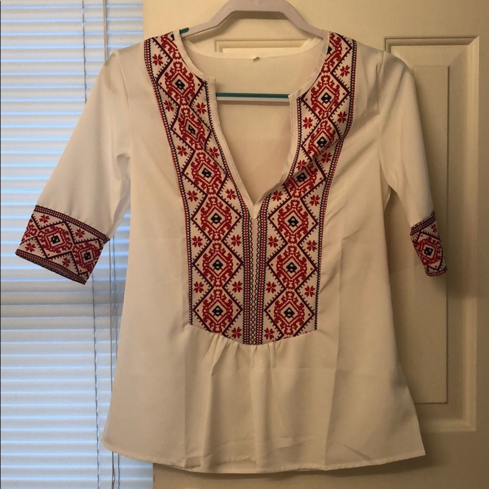 White patterned deep v-neck